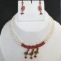 INDIAN JEWELRY SET GOLDTONE PEARL EMERALD RUBY PENDANT NECKLACE EARRING 3PC RE24