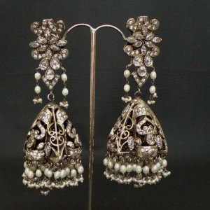 JODHAA~AKBAR HEAVY VICTORIAN JHUMKI SET SILVER TONE CZ PEARL EARRING PAIR F44