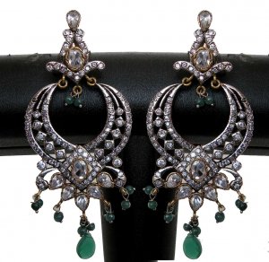 SUPERB! ZIRCONIA AD ERT EHS INDIAN VICTORIAN JEWELRY RODHIUM 2TONE EARRINGS NS36