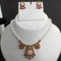 PREMIUM INDIAN JEWELRY SET GOLDTONE PEARL RUBY EMERALD NECKLACE EARRING 3PC RE40