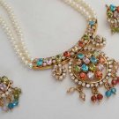 PREMIUM INDIAN JEWELRY SET GOLDTONE PEARL AD PENDANT NECKLACE EARRING 3PC RE23