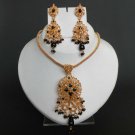 Bollywood Indian Fashion Goldplated Onyx Gemstone Polki Pendant jewelry Set fq78