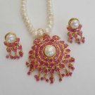GENUINE INDIAN JEWELRY SET GOLDTONE PEARL RUBY DESIGNE NECKLACE EARRING 3PC RE11