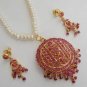 PREMIUM DESIGNER INDIAN JEWELRY SET GOLDTONE PEARL RUBY PENDANT EARRING 3PC RE14