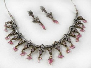 UNIQUE INDIAN VICTORIAN JEWELRY SET CZ PINK GEMSTONE NECKLACE EARRING 3PC F55