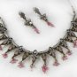 UNIQUE INDIAN VICTORIAN JEWELRY SET CZ PINK GEMSTONE NECKLACE EARRING 3PC F55