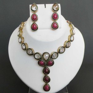 PREMIUM JAIPURI DIAMOND CUT AD VICTORIAN RUBY WEDDING PARTY NECKLACE SET Y100