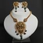 PREMIUM INDIAN POLKI JEWELRY GOLD FINISH CZ EMERALD PENDANT NECKLACE SET fp47