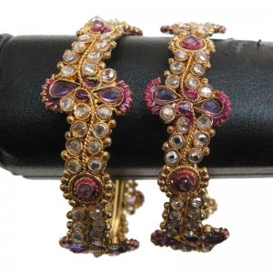 2PC PREMIUM INDIAN JEWELRY POLKI BANGLE GOLDTONE GEMSTONE BRACELET PAIR 2.6 FB6