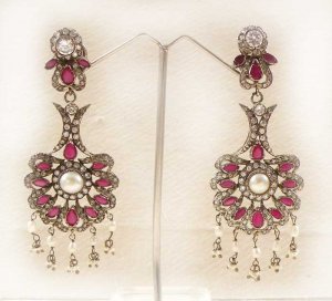 ESTATE L@@K DESIGNER SILVER TONE VICTORIAN CZ RUBY PEARL EARRINGS BOLLYWOOD F41