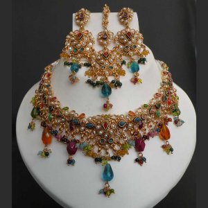 4pc PREMIUM INDIAN POLKI GOLDTONE PEARL MULTIGEM BRIDAL JEWELRY NECKLACE SET fn9
