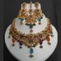 4pc PREMIUM INDIAN POLKI GOLDTONE PEARL MULTIGEM BRIDAL JEWELRY NECKLACE SET fn9