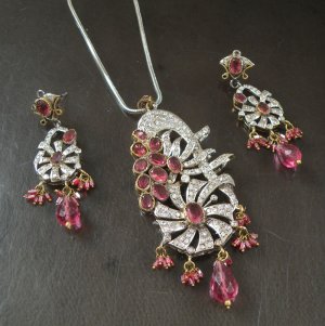 VICTORIAN  SET SIMULATED GEMSTONE  WEDDING CHAIN PENDANT EARRING 3PC F49 ERT EHS