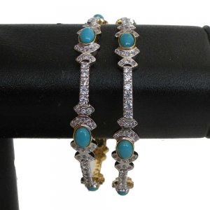 BANGLE PAIR TURQUOISE & AMERICAN DIAMONDS INDIAN JEWELRY BOLLYWOOD ERT EHS JJ6