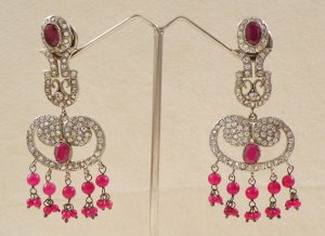 AWESOME DESIGNER SILVER TONE PREMIUM SIMULATED CZ RUBY BOLLYWOOD EARRINGS F31