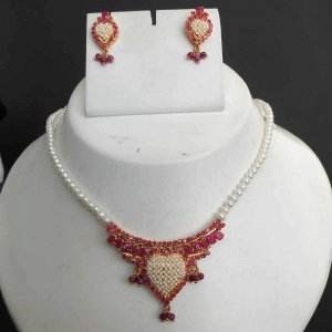 AWESOME PEARL RUBY JEWELRY SET GOLDTONE PREMIUM BRIDAL NECKLACE EARRING 3PC RE43