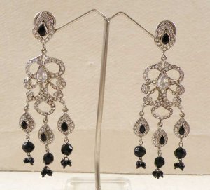GORGEOUS REAL L@@k DIAMOND AD ONYX SILVER TONE VICTORIAN STYLE EARRING PAIR F33