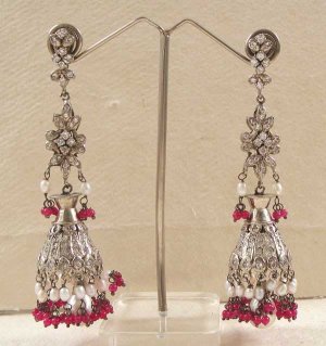 INDIAN MUGHAL'S STYLE PREMIUM SILVERTONE VICTORIAN JHUMKI LONG EARRING PAIR F34