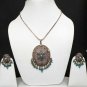 ANTIQUE 2 TONE VICTORIAN AD JEWELRY SET WEDDING CHAIN PENDANT EARRING 3PC F51