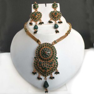 Bollywood Indian Premium Goldplated Deep Emerald Polki Pendant jewelry Set fq50