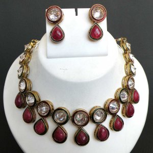 CUT DESIGNER RUBY DIAMOND PREMIUM JAIPURI GOLDTONE VICTORIAN NECKLACE SET y102
