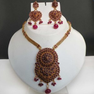 3Pc Bollywood Indian Premium Goldplated Ruby Polki Pendant jewelry Set fq48