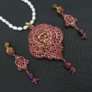 PREMIUM INDIAN BRIDAL JEWELRY  GOLDTONE RUBY NECKLACE EARRING 3P RE150