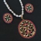 EMERALD PEARL RUBY INDIAN SAREE PENDANT WITH EARRING 3P RE181