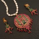 DESIGNER INDIAN  JEWELLERY  GOLDTONE RUBY EMERALD NECKLACE EARRING 3P RE154