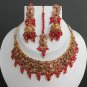 INDIAN GOLDTONE JEWELRY SET SEMIPRECIOUS RUBY CZ BRIDAL POLKI NECKLACE 4PC FQ7