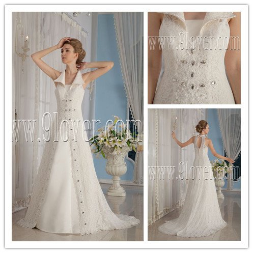 elegant 2013 ivory lace halter style a-line floor length wedding dress with strapless satin IMG-9159