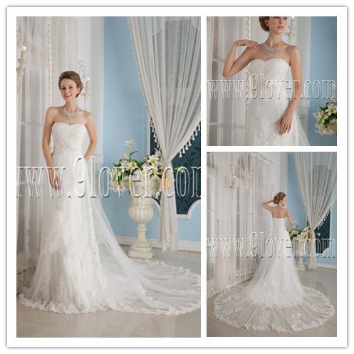 2013 modest white tulle sweetheart a-line floor length wedding dress with lace IMG-9257