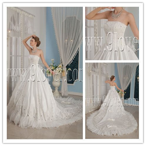 strapless white satin ball gown floor length wedding dress with royal train IMG-9289