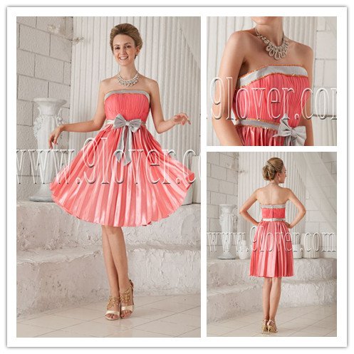 lovely colral satin strapless a-line mini length homecoming dress with sash IMG-9869