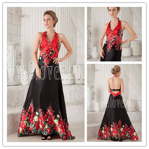 bohemian satin halter style a-line floor length evening dress with printed flowers IMG-9923