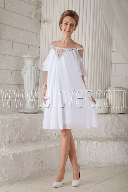 elegant white chiffon off the shoulder a-line mini length homecoming dress with beaded neck IMG-9801