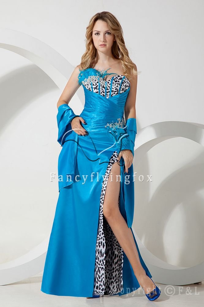 sexy blue satin strapless a-line floor length evening dress with split skirt IMG-1409