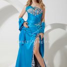 sexy blue satin strapless a-line floor length evening dress with split skirt IMG-1409