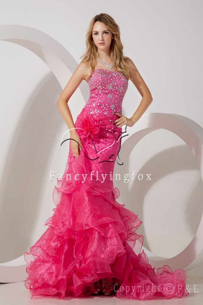 luxurious fuchsia organza strapless a-line floor length prom dress with ruffled skirt IMG-1602