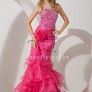 luxurious fuchsia organza strapless a-line floor length prom dress with ruffled skirt IMG-1602