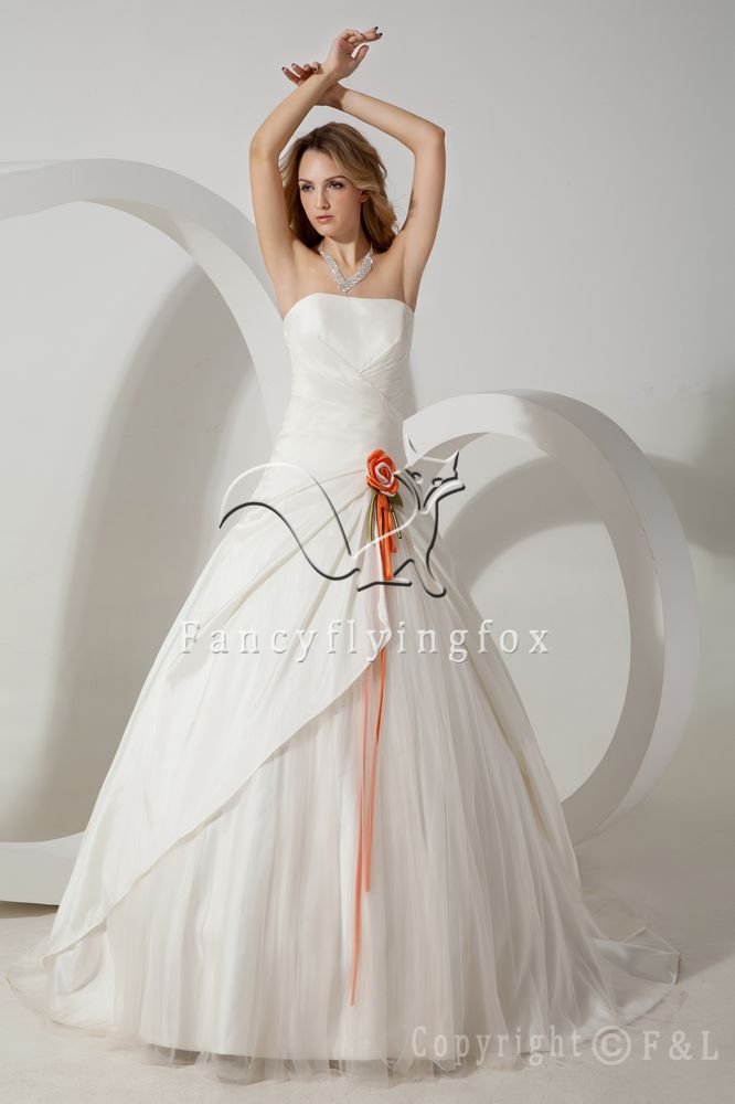 classic white satin and tulle strapless ball gown floor length wedding dress with pleats IMG-1643