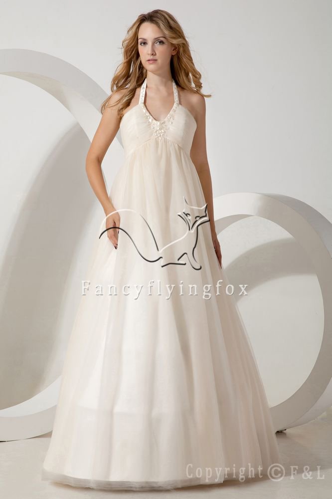 vintage ivory tulle halter neck empire wedding dress with beaded neckline IMG-1699
