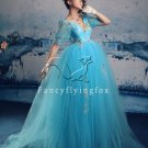 classic ice blue net v-neck short sleeves ball gown floor length quinceanera dress 2011Y-339