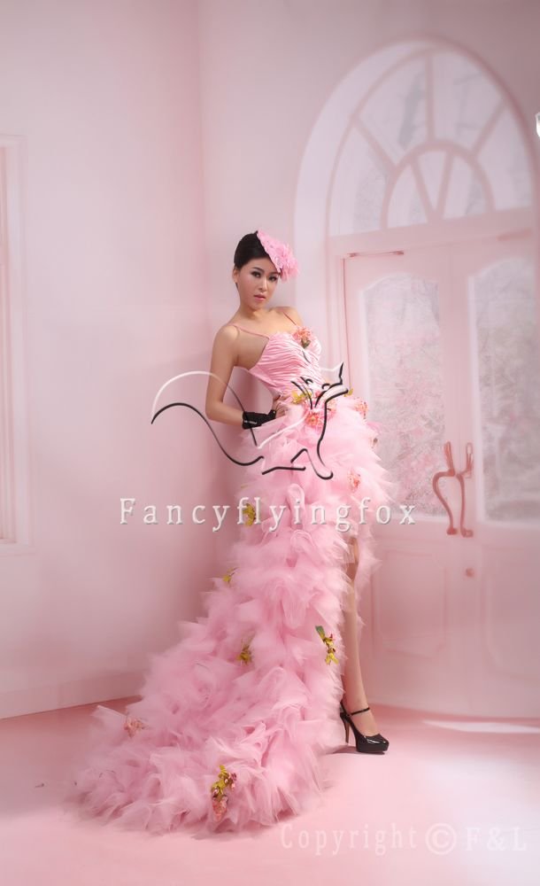 sweet pink tulle spaghetti straps a-line cocktail dress with long train 2011Y-353