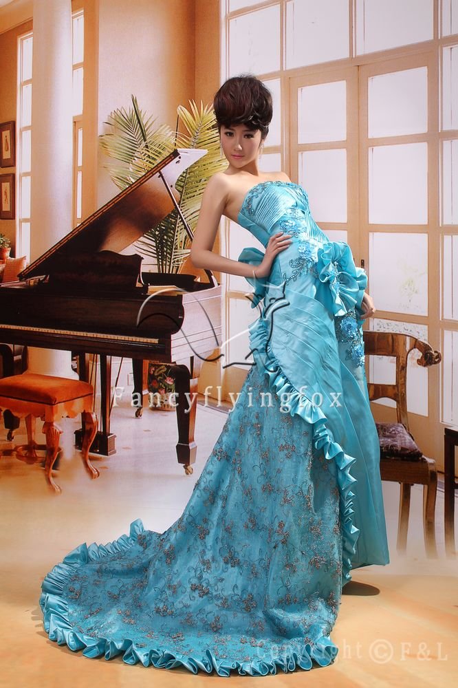 elegant strapless ice blue satin a-line floor length evening dress 2011Y-354