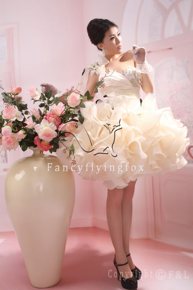 cream organza one shoulder homecoming dress with ruffled skirt 374