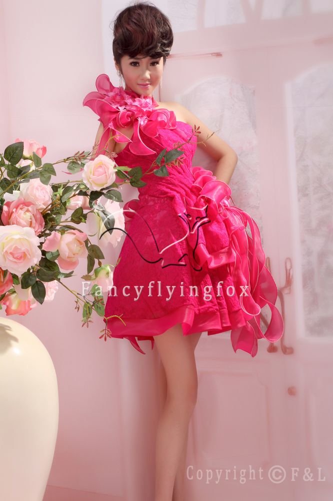 modern fuchsia lace one shoulder a-line mini length cocktail dress 375