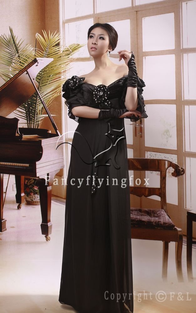modest black chiffon v-neck a-line off-shoulder short sleeves mother of the bride dress ok-16