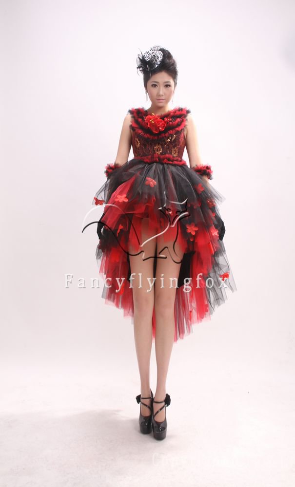 classic red and black net portrait neck ball gown mini length prom dress 364