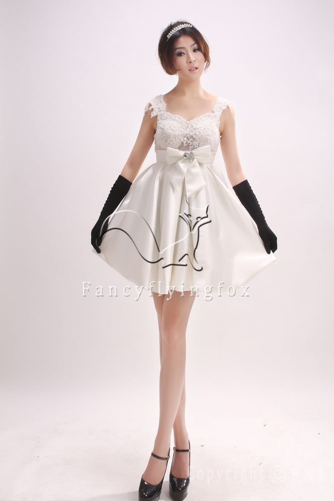 lovely white satin straps a-line mini length bridemaid dress 371